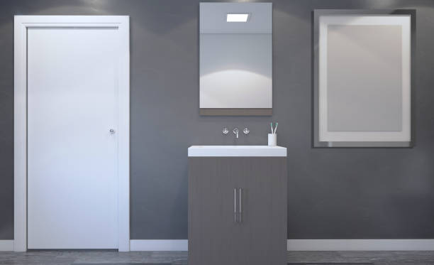 istock Modern bathroom including bath and sink. 3D rendering. Blank paintings 915259742
