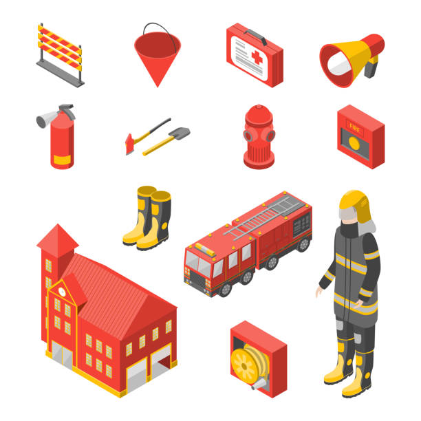 feuerwehrmann mensch und ausrüstung icons set isometrischen ansicht. vektor - looking at view flash stock-grafiken, -clipart, -cartoons und -symbole