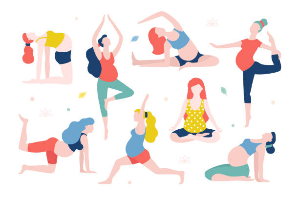 Yoga for pregnant women vector flat illustration isolated on white background. Healthy women with belly doing yoga in different poses. Yoga for pregnant women vector flat illustration isolated on white background. Healthy women with belly doing yoga in different poses pilates stock illustrations