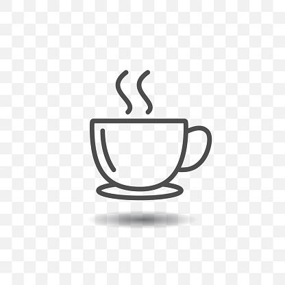 Outlined coffee cup icon simple vector with shadow on transparent background.
