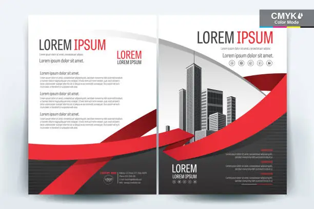 Vector illustration of Brochure Flyer Template Layout Background Design. booklet, leaflet, corporate business annual report layout with black gray and red ribbon on a white background template a4 size - Vector illustration.