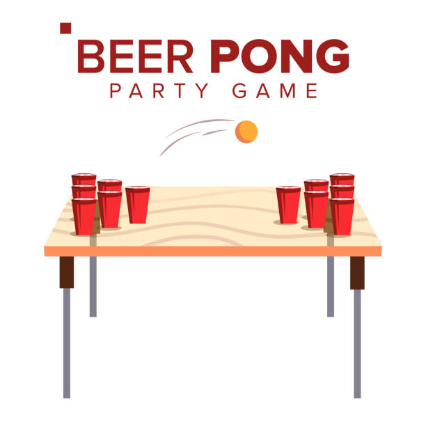 stockillustraties, clipart, cartoons en iconen met bier pong spel vector. alcohol party spel. rode bekers op tafel en bal. geïsoleerde vlakke afbeelding - verjaardagsspellen