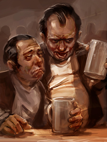 Digital painting of two drunk men drinking beer in a dark pub.