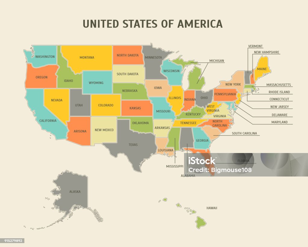 Poster della carta mappa USA colorato dei cartoni animati. vettore - arte vettoriale royalty-free di Carta geografica
