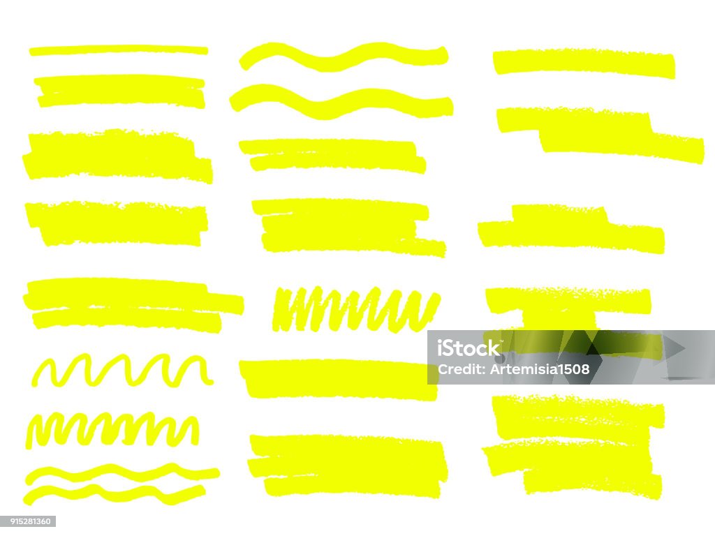 Vector yellow highlighter brush lines. Hand drawing. Underline stock vector