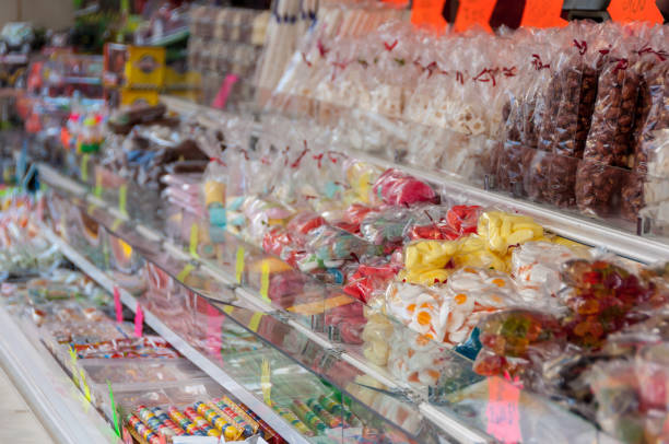 istock Selective focus, assorted soft sugar jelly sweet on display at a funfair 915281430