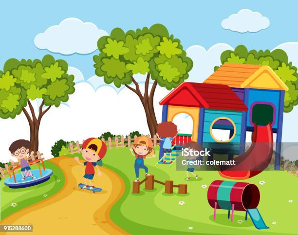 Glückliche Kinder Auf Spielplatz Tagsüber Stock Vektor Art und mehr Bilder von Kinderspielplatz - Kinderspielplatz, Australien, Bild-Ambiente