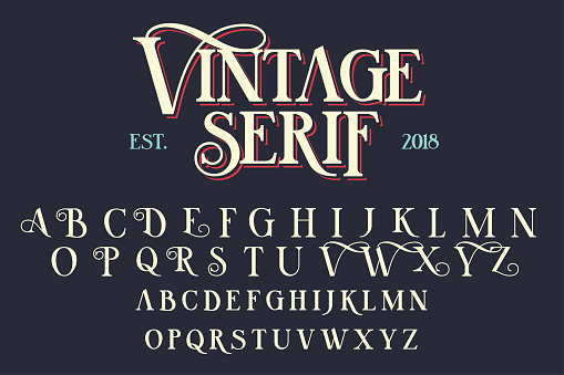 Vintage serif lettering font. Retro typeface with decorative elements