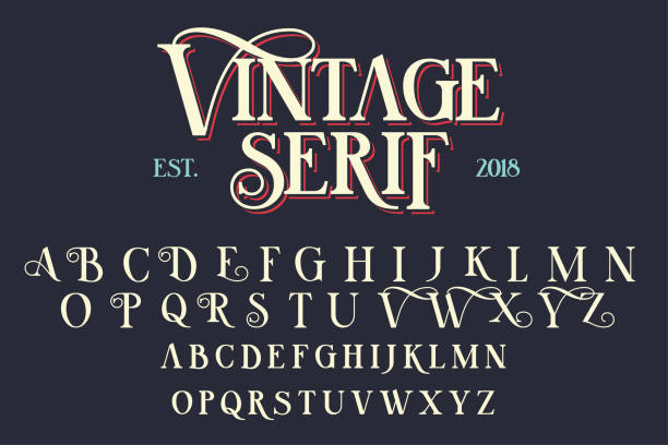 Vintage serif lettering font Vintage serif lettering font. Retro typeface with decorative elements antique stock illustrations