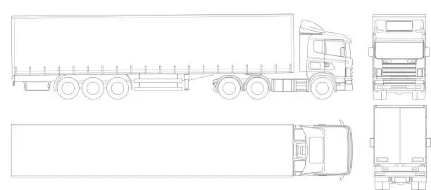 Vector illustration of Vector truck trailer outline. Commercial vehicle. Cargo delivering vehicle. View from side, front, back, top.