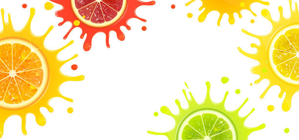 ilustrações, clipart, desenhos animados e ícones de banner com frutas cítricas e splash suco - orange portion fruit drink