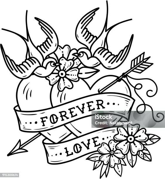 Tattoo Two Hearts Pierced By Arrow Hearts With Flowers Ribbon And Swallows Forever Love Valentines Day Stock Illustration - Download Image Now