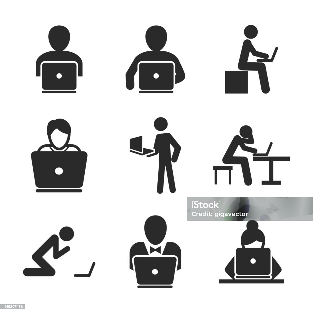 Man with laptop vector icons. Man with laptop vector icons. Simple illustration set of 9 man with laptop elements, editable icons, can be used in logo, UI and web design Icon Symbol stock vector