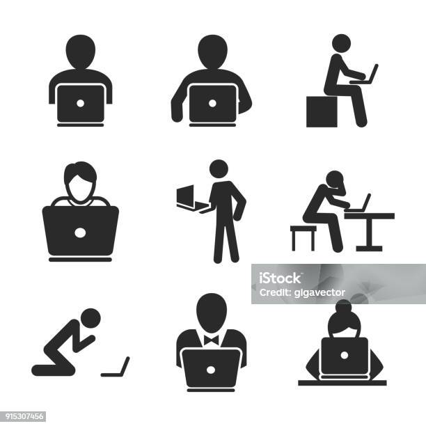 Man With Laptop Vector Icons Stock Illustration - Download Image Now - Icon Symbol, People, Laptop