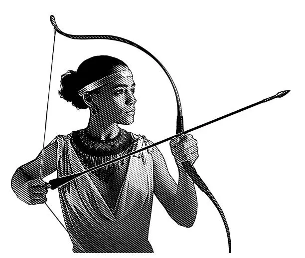 Vector illustration of Mixed race woman heroine aiming bow and arrow.