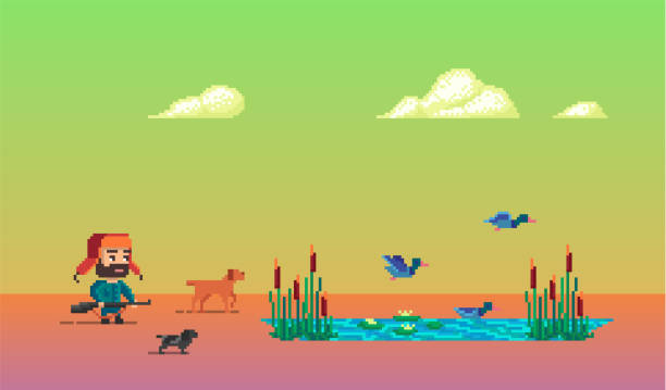 ilustrações de stock, clip art, desenhos animados e ícones de the pixel art story about hunter - bird hunter