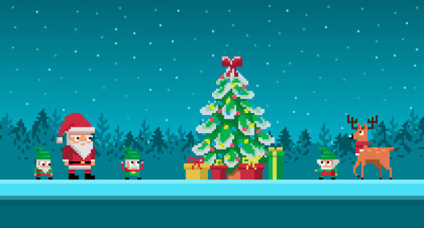 ilustrações de stock, clip art, desenhos animados e ícones de pixel art scene with santa claus and gnomes - bit