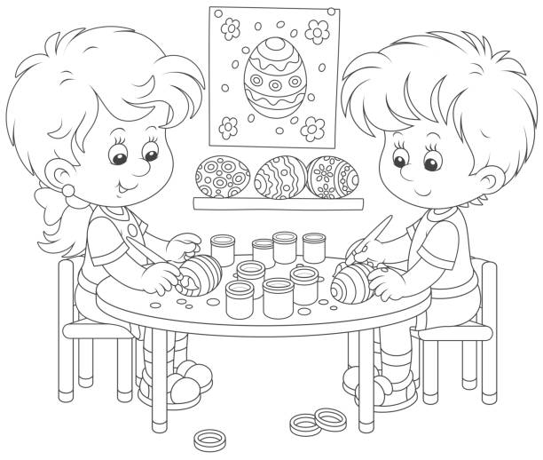 ilustrações, clipart, desenhos animados e ícones de crianças pintando ovos de páscoa - easter egg paint black and white drawing
