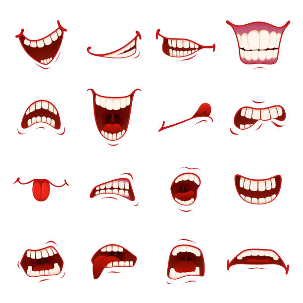 Cartoon mouth with teeth Cartoon mouth with teeth. Dynamic cartoon character mouth animated element to show character emotion and expression, shock, surprise. Vector flat style cartoon illustration isolated, white background caricature stock illustrations