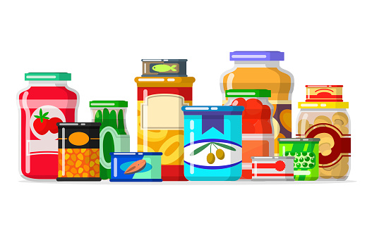 Canned goods in a row. Tinned goods food product stuff, preserved food, supplied in a sealed can. Vector flat style cartoon illustration isolated on white background