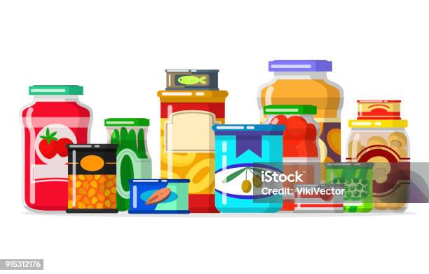 Canned Goods In A Row Stock Illustration - Download Image Now - Food, Pantry, Supermarket