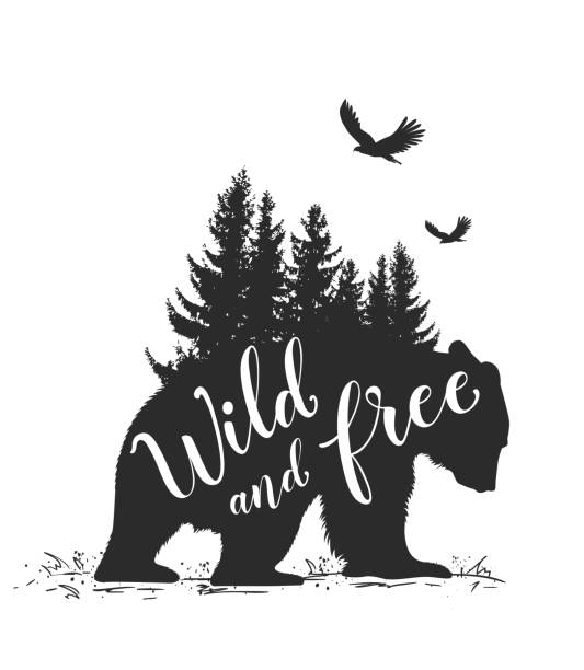 Bear and fir tree Silhouette of a wild bear, fir tree and calligraphy. Wild life in nature. cursive letters tattoos silhouette stock illustrations