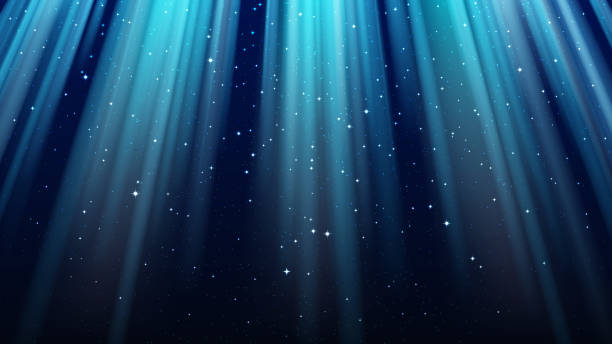 ilustraciones, imágenes clip art, dibujos animados e iconos de stock de fondo azul oscuro vacío con rayos de luz, destellos, brillante cielo estrellado de la noche - sunbeam underwater blue light