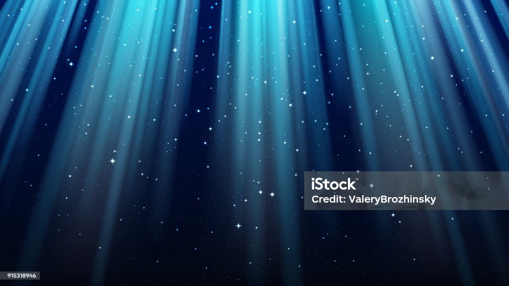 Empty dark blue background with rays of light, sparkles, shining night star sky Underwater stock vector