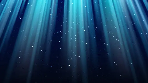 Vector illustration of Empty dark blue background with rays of light, sparkles, shining night star sky
