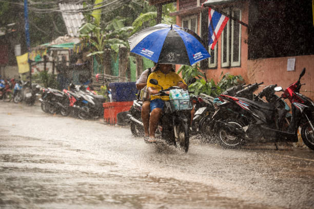 Scooter driving at monsoon rain, Koh Tao, Thailand Koh Tao, Thailand - January 16, 2016: A couple driving a scooter in heavy monsoon rain with an umbrella through Koh Tao. koh tao thailand stock pictures, royalty-free photos & images