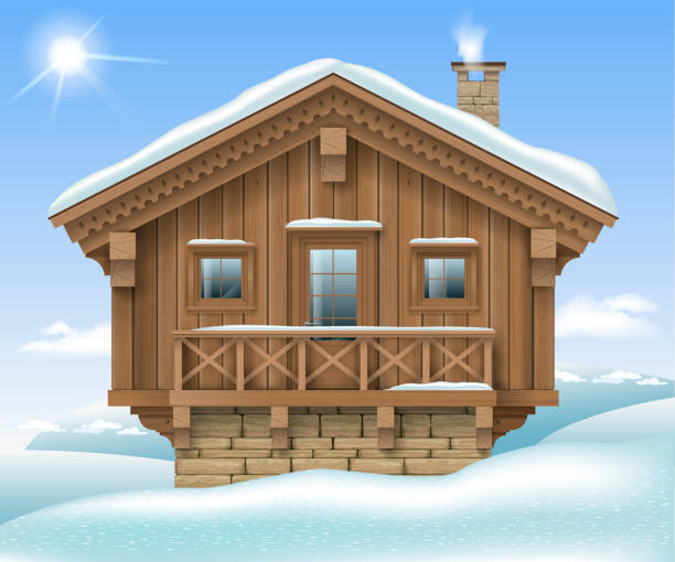 Wooden house in the winter mountains Wooden small house or Chalet in the winter mountains . The traditional Alpine hut . Ski resort hotel. Vector graphics chalet stock illustrations