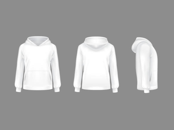 Vector 3d realistic hoodie sweatshirt white mockup Vector hoodie sweatshirt white 3d realistic mockup template. Fashion long sleeve clothing hooded pullover front side back view. Illustration grey background. Woman man unisex cotton apparel sportswear cardigan clothing template fashion stock illustrations