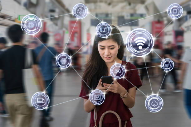 Asian woman passenger suit using the smart mobile phone over Wireless communication connecting of smart city Internet of Things Technology in the  Skytrain rails or subway, lifestyle concept