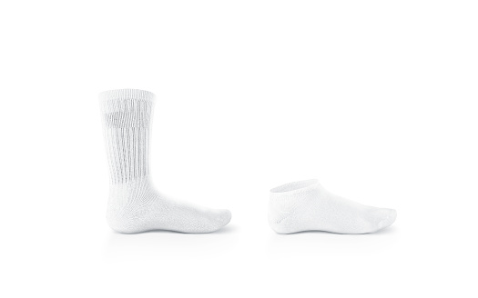 Blank white socks design mockup, long and short, isolated. Pair sport crew cotton sox wear mock up. Clear soft sock stand presentation. Men basketball, football, tennis plain gaiters template.