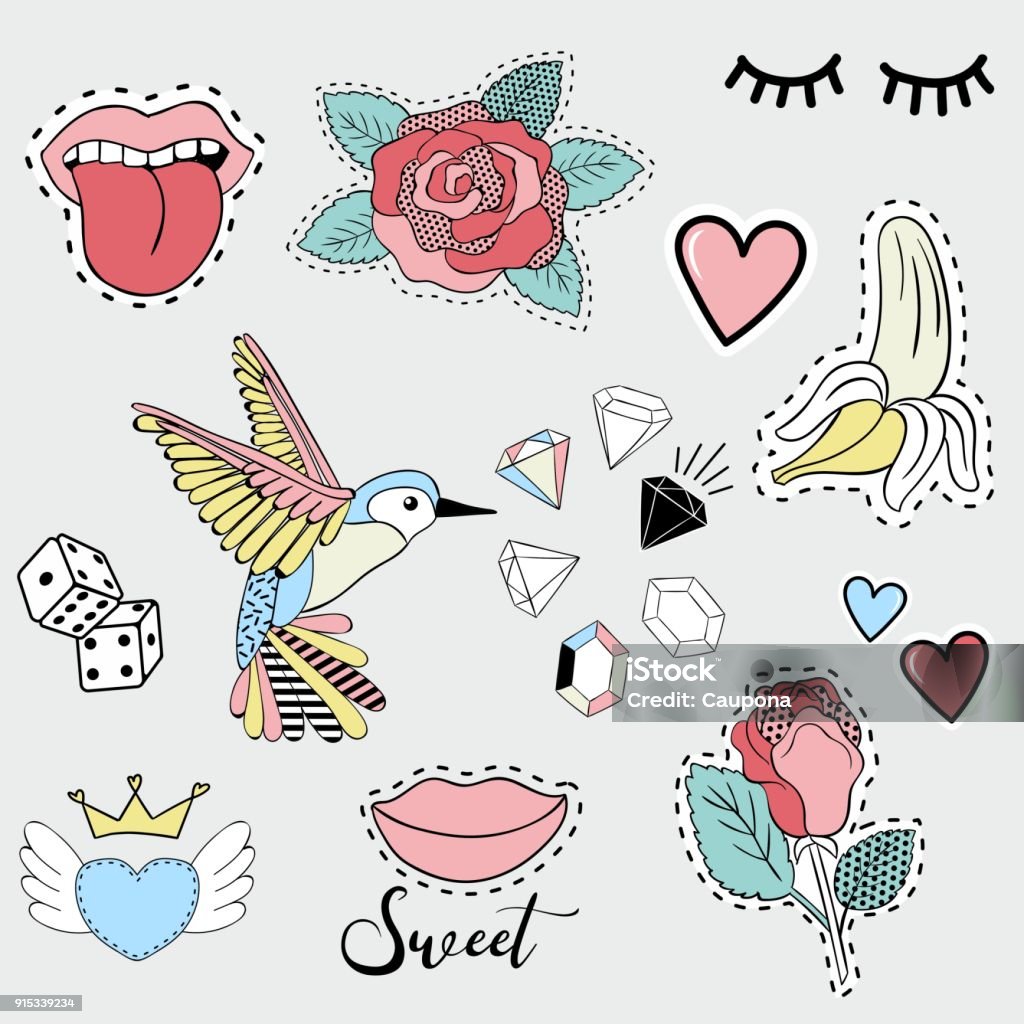 Vector Illustration Of Fashion Cute Patches For Girls Embroidery