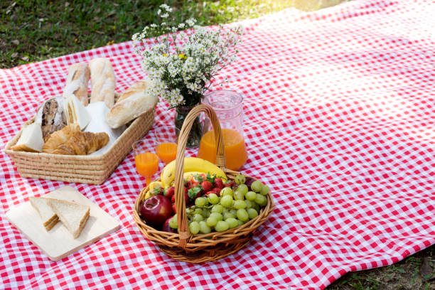 istock picnic bread crossiant basket with fruit on  red white cloth 915340272