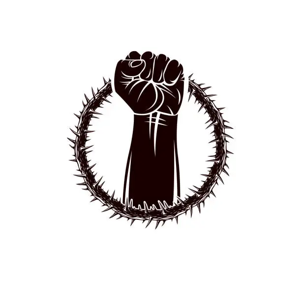 Vector illustration of Vector illustration of muscular clenched fist of strong man raised up and surrounded by thorn wreath. Revolution leader concept, civil war abstract illustration.