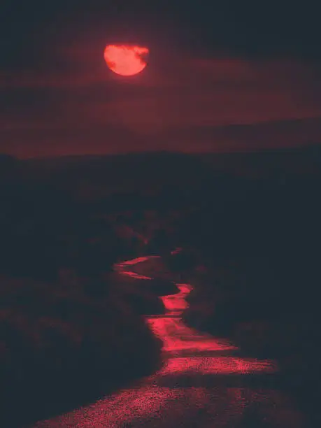 Photo of scary path at night with bloody red moon