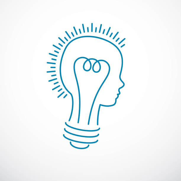 ilustrações de stock, clip art, desenhos animados e ícones de creative brain concept, intelligent person vector symbol. light bulb in a shape of child head profile. bright mind, thinking and brainstorming idea icon. - child prodigy