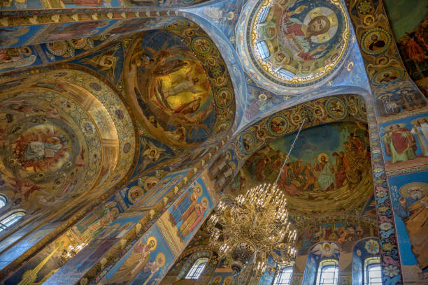 Interior of Savior on the Spilled Blood Cathedral in St. Petersburg stock photo