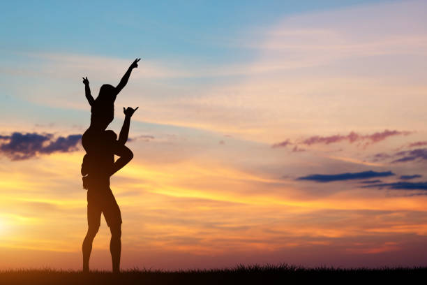 Couple having happy time together. Man carrying woman on his shoulders. Fun and freedom. 3d illustration.