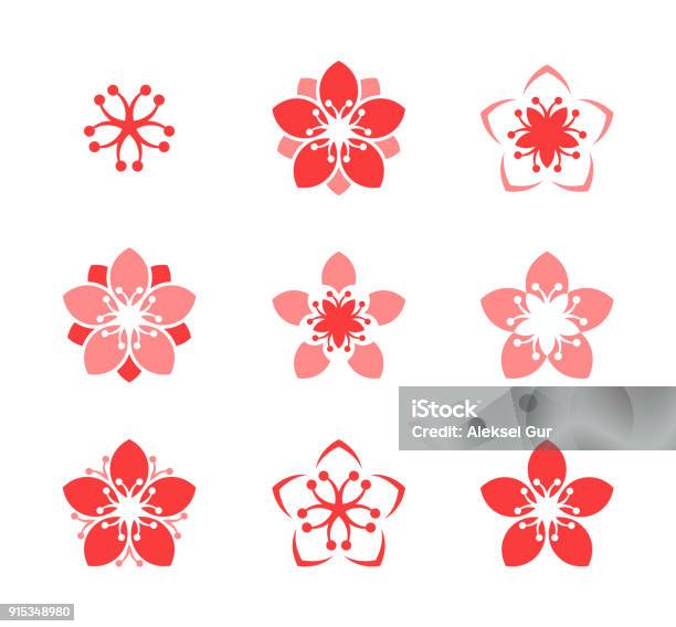 Cherry Blossom Icon Set Spring Flowers On White Background Stock Illustration - Download Image Now