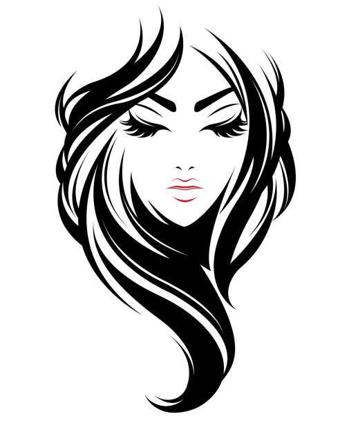 ikona długiego stylu włosów, ikona kobiet na białym tle - art beauty beautiful hairstyle stock illustrations