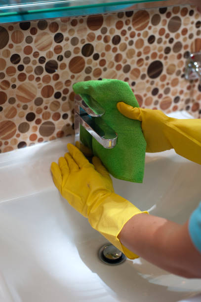 istock Female employee doing cleaning in bathroom 915358114