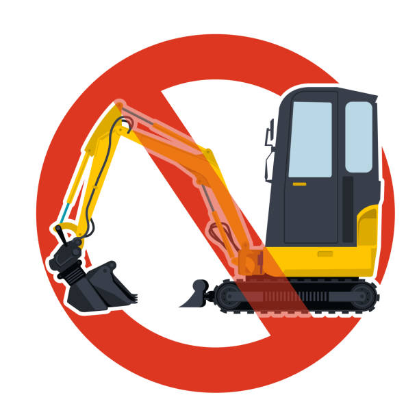 Prohibition of excavation work symbol. Vector dredging strict ban sign. Prohibition of excavation work symbol. Dredging strict ban sign. Caution of construction machinery and ground works. Forbid on construction work. Vector yellow big digger, isolated on white background. bagger stock illustrations