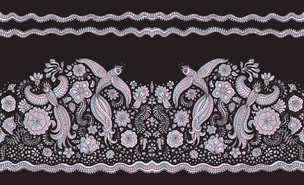 Vector seamless border in ethnic style. Exotic flying peacock birds, light pearl colored folk ornaments on a black background. Embroidery edge, wallpaper fringe, textile print, wrapping paper Vector seamless border in ethnic style. Exotic flying peacock birds, light pearl colored folk ornaments on a black background. Embroidery edge, wallpaper fringe, textile print, wrapping paper chinese tapestry stock illustrations