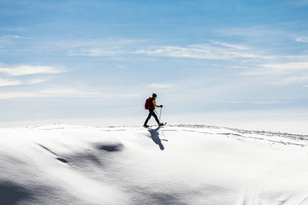 kobieta rakiety śnieżnena polu śniegowym - senior adult mountain hiking recreational pursuit zdjęcia i obrazy z banku zdjęć