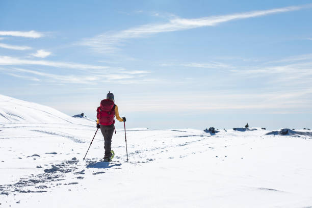 Hiker woman snowshoeing Snowshoeing snowfield stock pictures, royalty-free photos & images