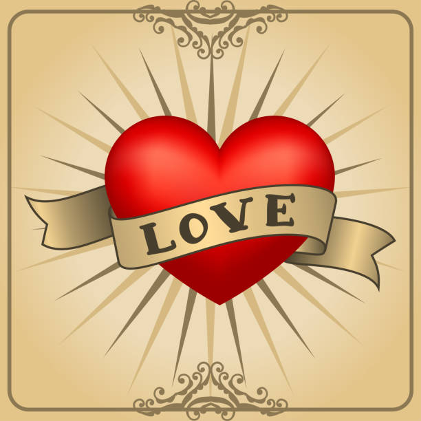 ilustraciones, imágenes clip art, dibujos animados e iconos de stock de corazón del tatuaje retro con cintas de oro. feliz día de san valentín tarjeta. ilustración de vector. corazón de estilo vintage de la vieja escuela. - tattoo heart shape love ribbon