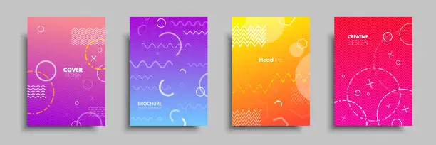 Vector illustration of Modern colorful covers with multi-colored geometric shapes and objects. Abstract design template for brochures, flyers, banners, headers, book covers, notebooks